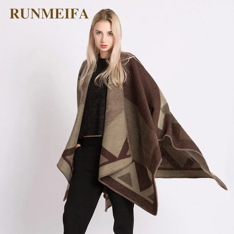 RUNMEIFA, Женская Новейшая модная накидка с капюшоном, Вязаная Шаль, зимний полосатый плащ, толстое теплое пончо, Классическая накидка с узором, Femme Favor