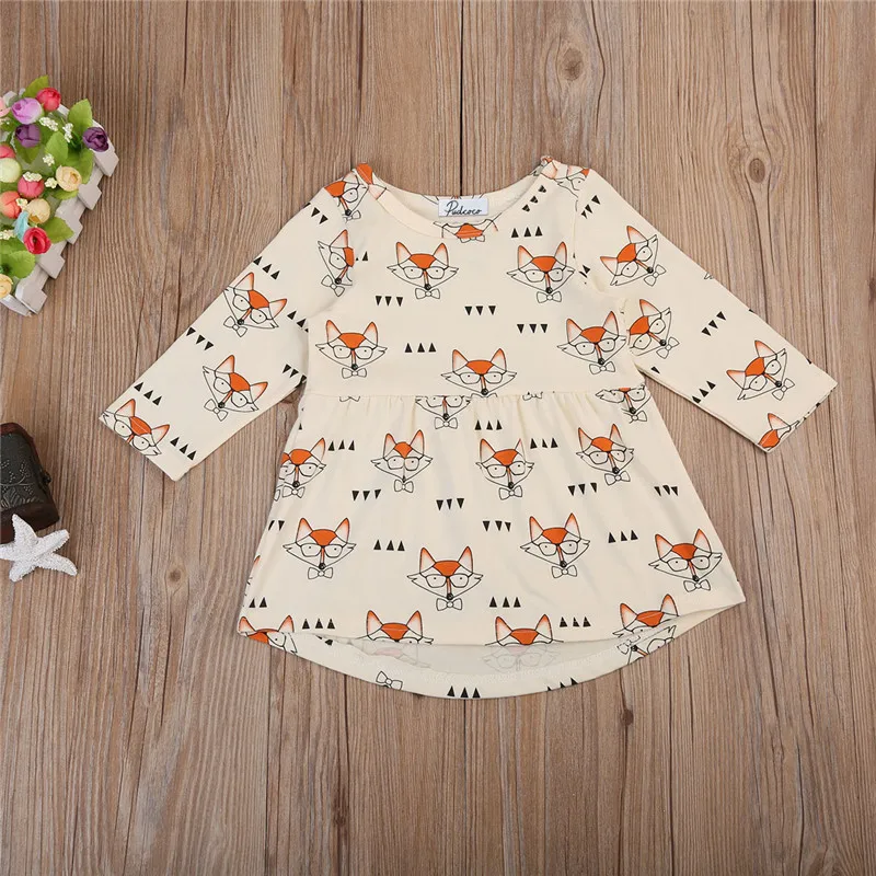 Toddler Baby Girls Dress Princess Cute Glasses Fox Casual Party Round Neck Beige Yellow Long Sleeve Autumn Dresses Clothes | Детская