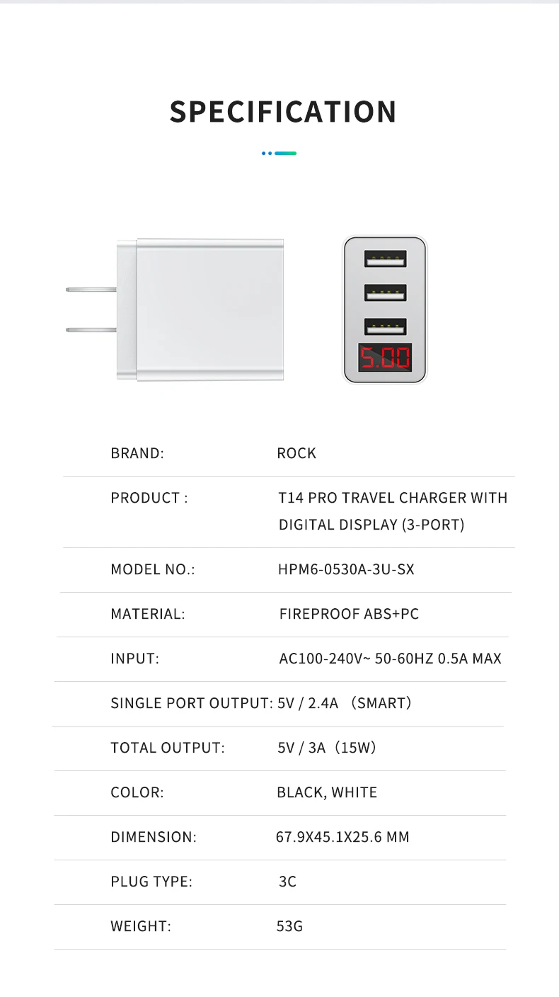 ROCK 3 Port USB Phone Charger LED Display EU Plug Total Max 3.4A Smart Fast Charger Mobile Wall Charger for iPhone iPad Samsung