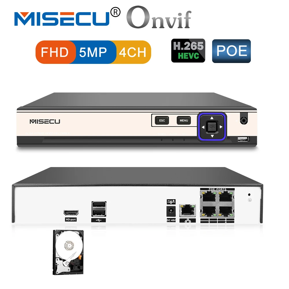 Фото Misecu 48 В POE H.265/H.264 4 канала NVR 4*5 м/4*4 м Hi3798M P2P К RS485 IEE802.3af CCTV ONVIF для H.265 H.264 Камера|cctv nvr|nvr