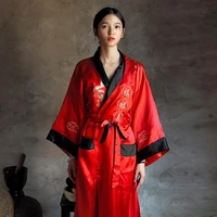 novelty reversible black red women satin kimono handmade embroidery dragon nightgown robe gown two side sleepwear