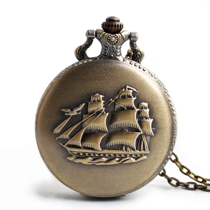 Bronze Mini Small Quartz Pocket Watch Sailing Canvas Boat Ship Necklace Clock Pendant Watches Chain Women Men Girlfriend Gift