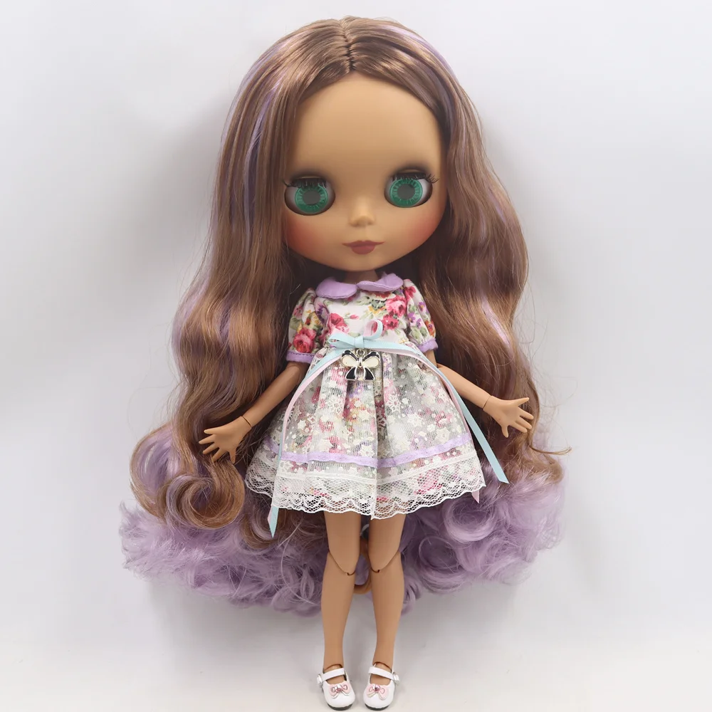 ICY Nude Blyth кукла No. BL9158/1049 коричневый микс фиолетовые волосы без челки соединение тело черная кожа матовое лицо 1/6 BJD