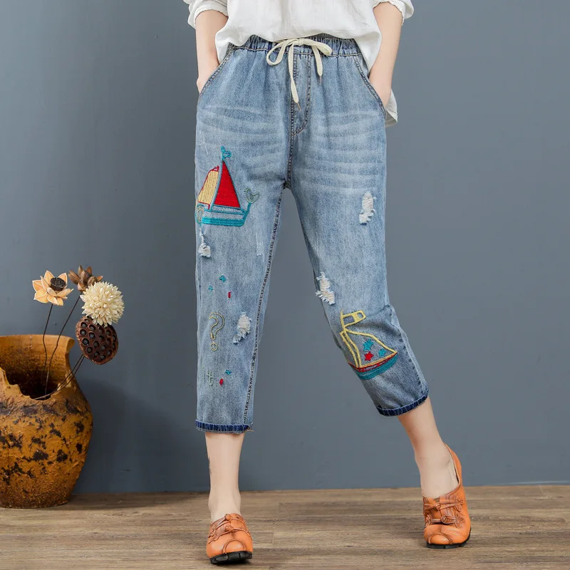 Летние Винтаж Джинсы с вышивкой Для женщин джинсовые Отверстия царапины
