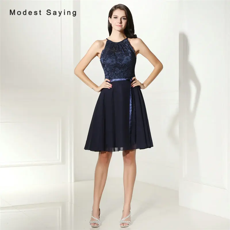 

Wholesale Elegant Blue A-Line Lace Bodice Bridesmaid Dress 2017 with Ribbons Formal Knee Length Maid of Honor Party Prom Gowns