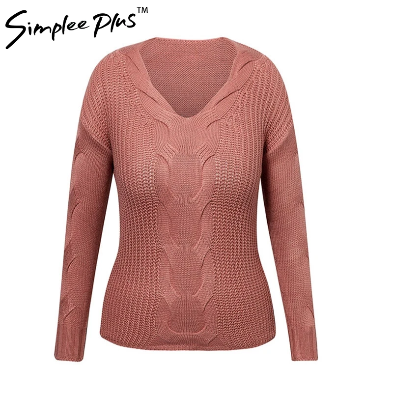 Simplee Plus Sweater Size Women Spring Autumn Pullovers Long Sleeve V Neck Tops Casual For women knitted sweaters | Женская одежда