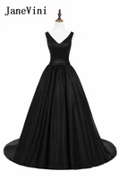 janevini 2018 simple satin black long bridesmaid dresses sexy backless v neck formal prom dresses sweep train kleid brautjungfer