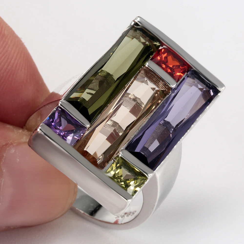 silver plated square ring for women fashion jewelry luxury design with green purple red yellow cz rings | Украшения и аксессуары