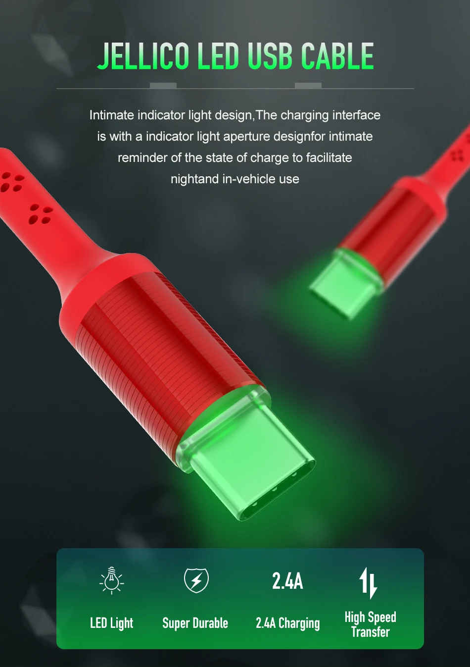 Jellico светодиодный usb-кабель типа C для samsung Galaxy S9 USB C кабель type-C кабель для быстрой зарядки для huawei Xiaomi Mi6 шнур