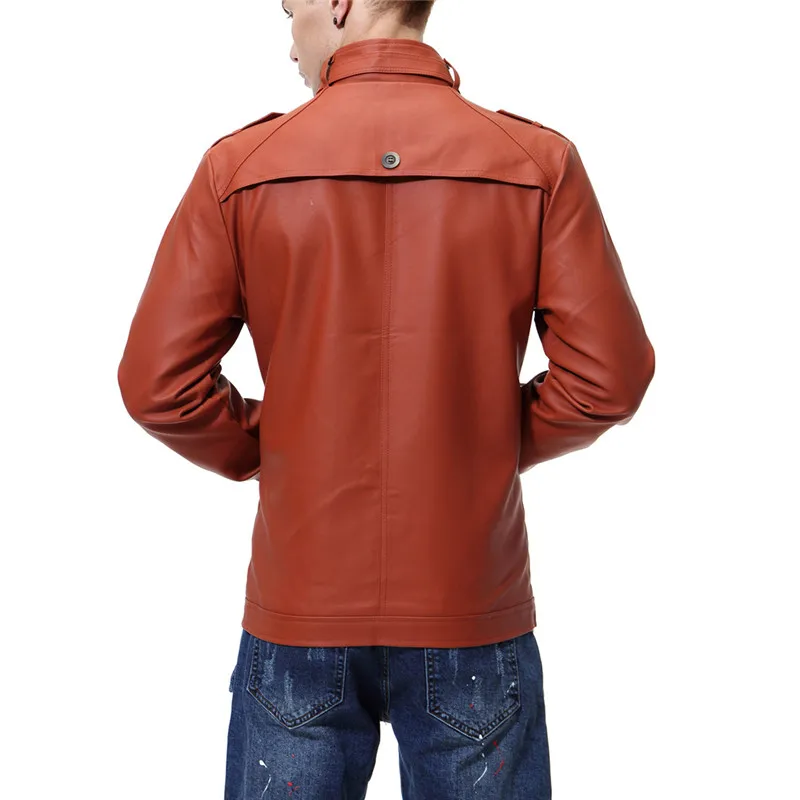 

New European and American trend Men's Stand collar Leather Slim Leather jacket Men's Motorcycle Short Coat Color Brown Black