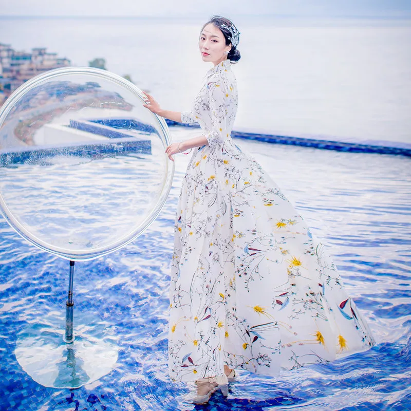 2019 женское шифоновое винтажное длинное платье с завышенной талией цветочным