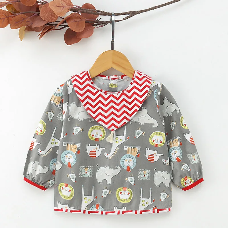 

Waterproof Baby Eating Children Drawing Cute Cartoon Baby Bib Cotton coat Long Sleeve Polyester Bib Apron Baby Self Feeding