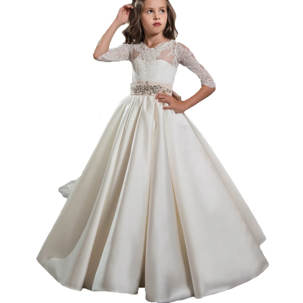 

Elegant ivory first communion dresses for girls 2018 Lace Appliques Half Sleeves flower girl dresses with bow vestido longo