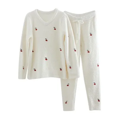 New Super Sweet Japanese Soft Downy Suit Thicken Women's Winter Cute Cherry Embroidery Soft Flannel Warm Pajamas Sleepwear Set