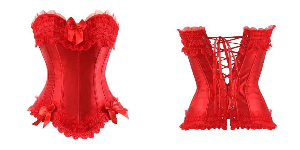 

Sexy Satin Overbust Corset Top Lace Bowknot Decorated Clubwear Showgirl Body Shaper Plus Size S-6XL