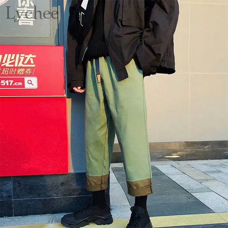 Личи Harajuku хит Цвет Roll Up женские штаны карго контраст карманы свободного покроя
