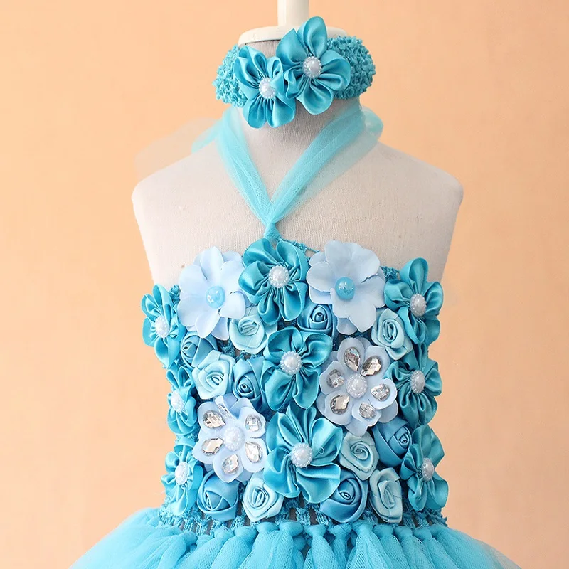 turquoise flower petal tutu dress for baby girls summer handmade gorgeous babies birthday party photo props soft gown | Детская одежда