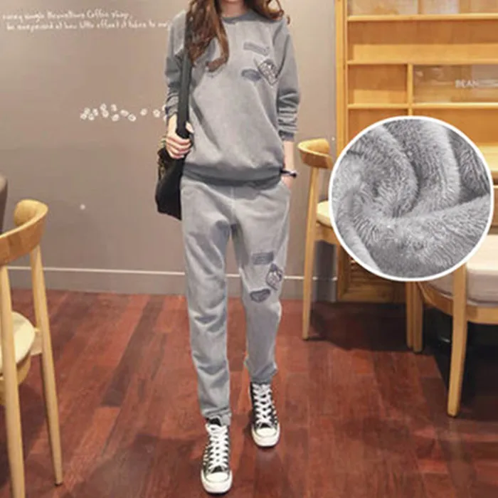 Light Gray Winter S-6XL, женская спортивная одежда, спортивные костюмы, весна, осень, зима, повседневные, плюс бархат, Толстая Толстовка+ штаны, комплекты для женщин размера плюс - Цвет: Light Gray Winter