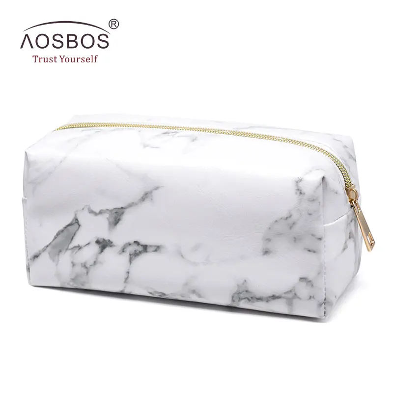 Aosbos мрамор ПУ кожа компактные косметички женские модные белые косметичка на молнии сумка дорожный Органайзер несессер mujer - Цвет: white