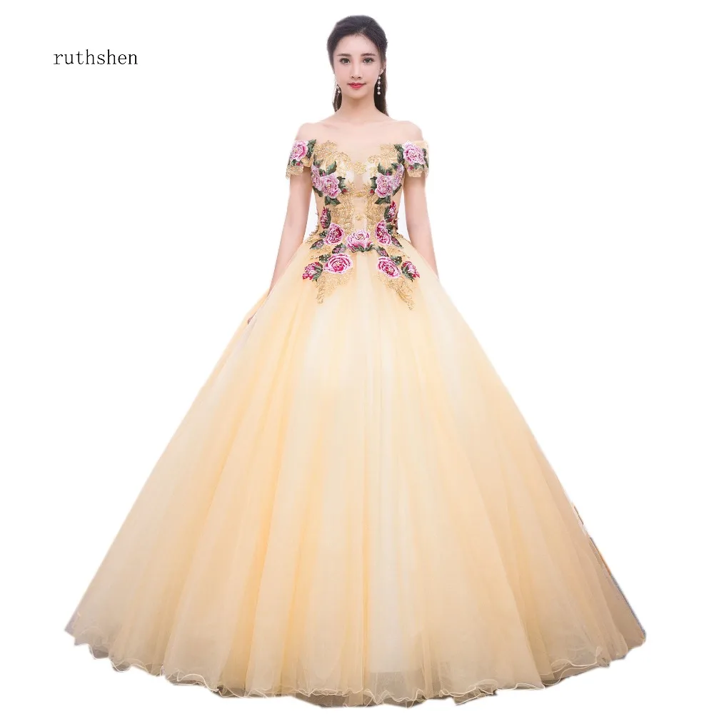 Ruthshen с открытыми плечами платья Quinceanera желтого цвета аппликацией бисером Пышное