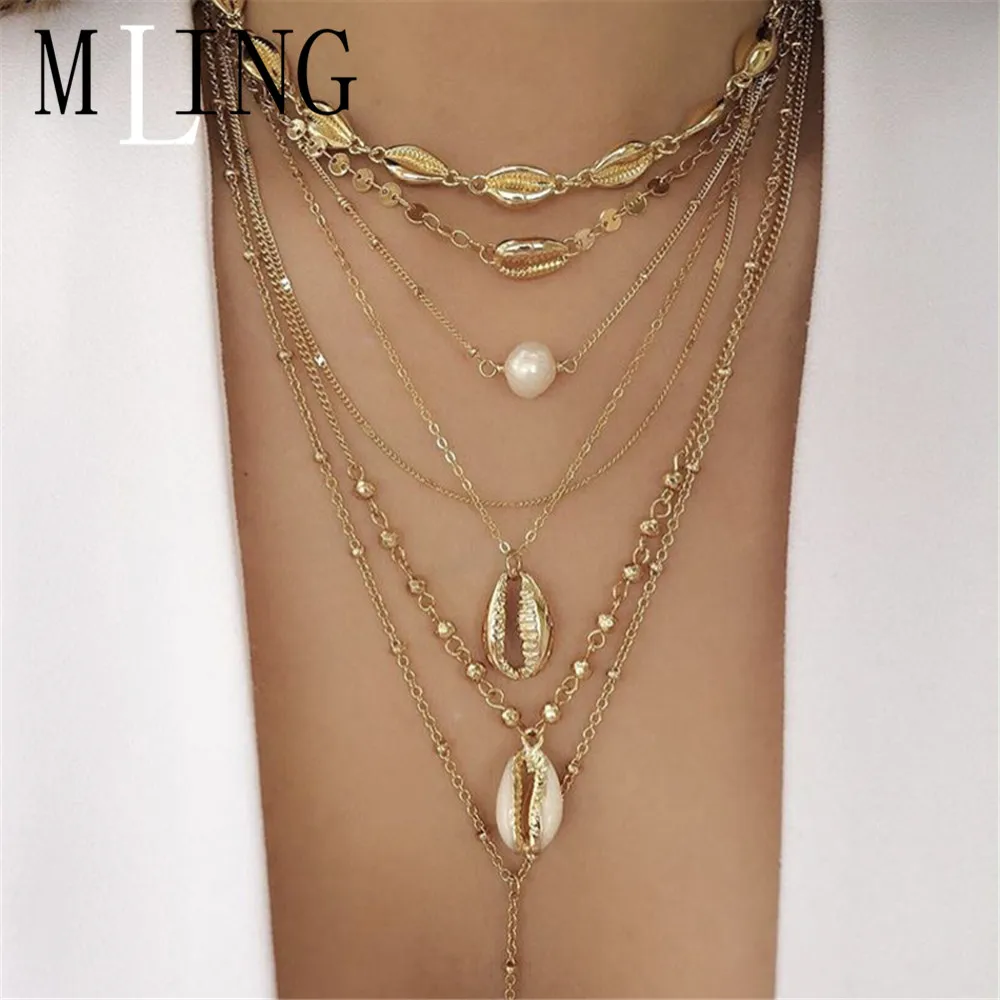 Женское многослойное ожерелье чокер MLING богемное с жемчужинами и