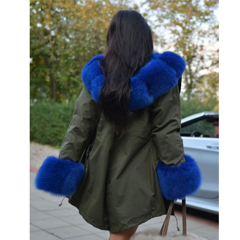 Tatyana Furclub Real Fur Parka Coat 2022 New Winter Fur Jacket For Women Armygreen Outerwear With Blue Fur Collar Fashion Parkas