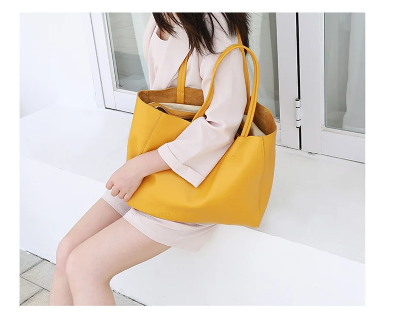 Women Luxury Bag Casual Tote Female Lemon Yellow Fashion Shoulder Handbag Lady Cowhide Genuine Leather Shoulder Shopping Bag
