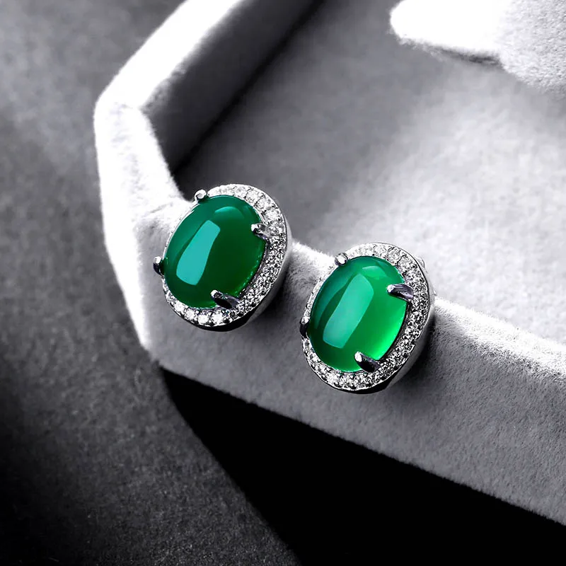 MAIKALE Luxury 925 Sterling Silver Stud Earrings with Cubic Zirconia Green Gem Stone Round Small Earrings for Women Jewelry Gift