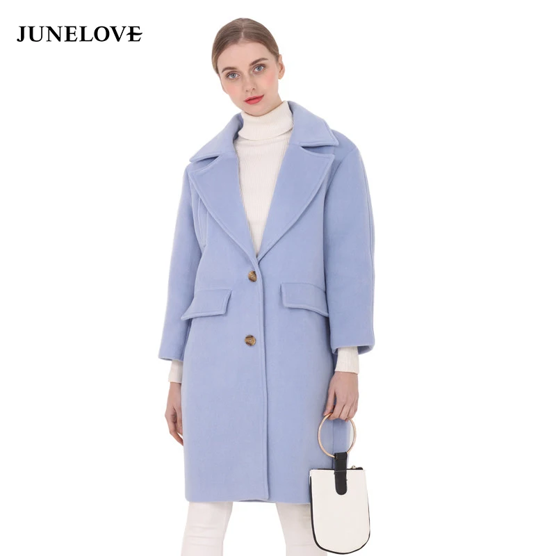 Женское длинное шерстяное пальто JuneLove теплая зимняя куртка с отложным