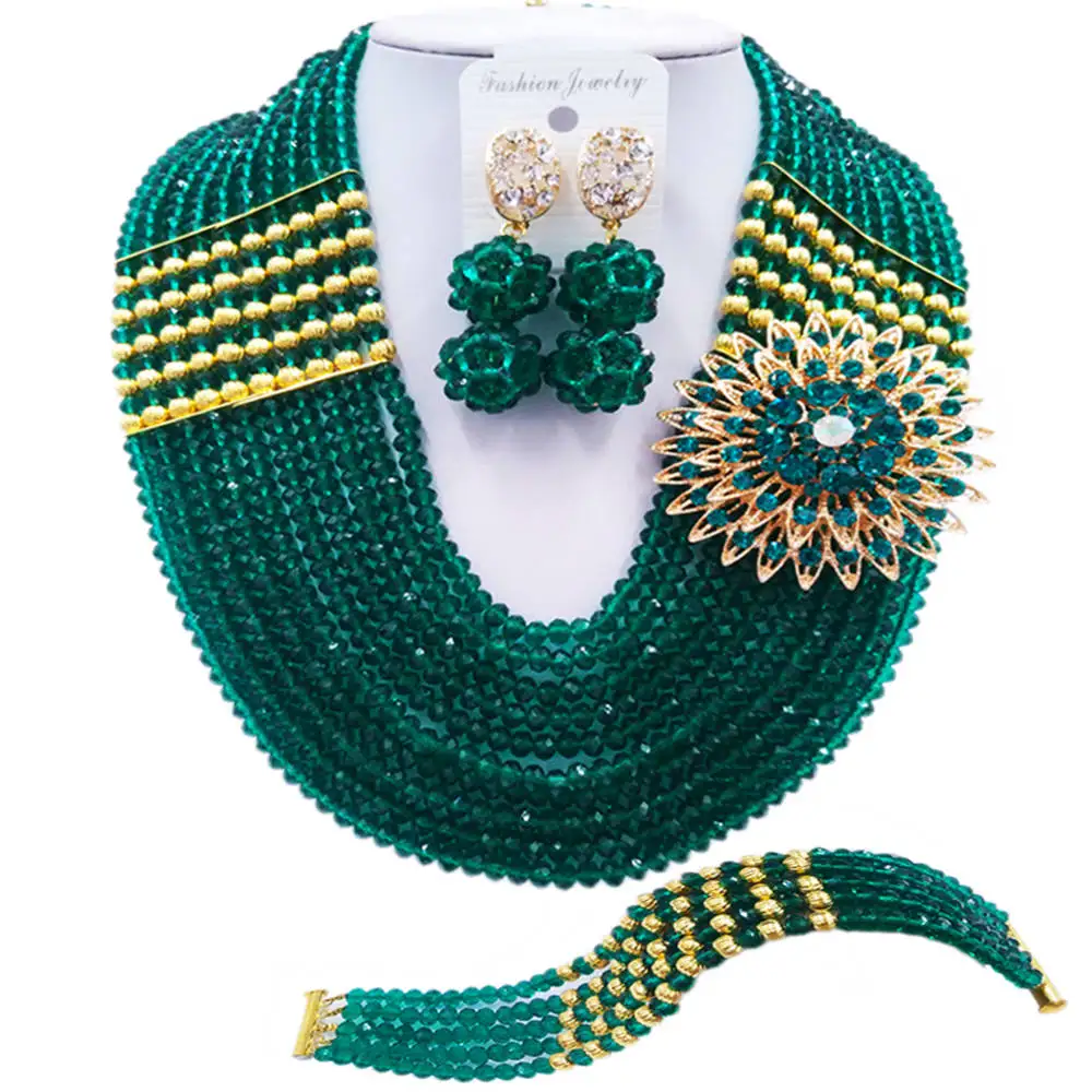 

ACZUV Army Green Nigerian Wedding African Beads Jewelry Set Crystal Beaded Necklace 10C-2-2P-002