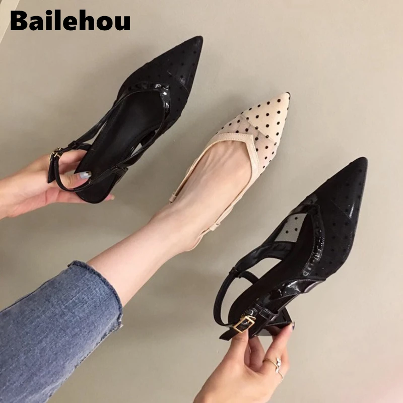 Bailehou/брендовые дизайнерские босоножки на шнуровке; женские кожаные босоножки в горошек с сеткой; элегантная Летняя обувь на среднем каблуке; женские вьетнамки