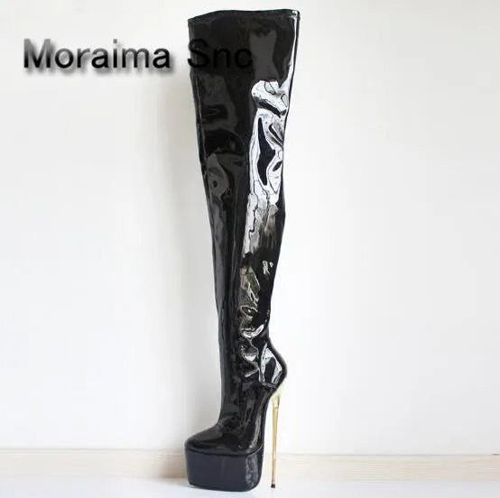 

Женские мотоциклетные ботинки, черные лакированные кожаные ботинки на платформе, высокие ботинки до бедра на очень высоком каблуке 22 см