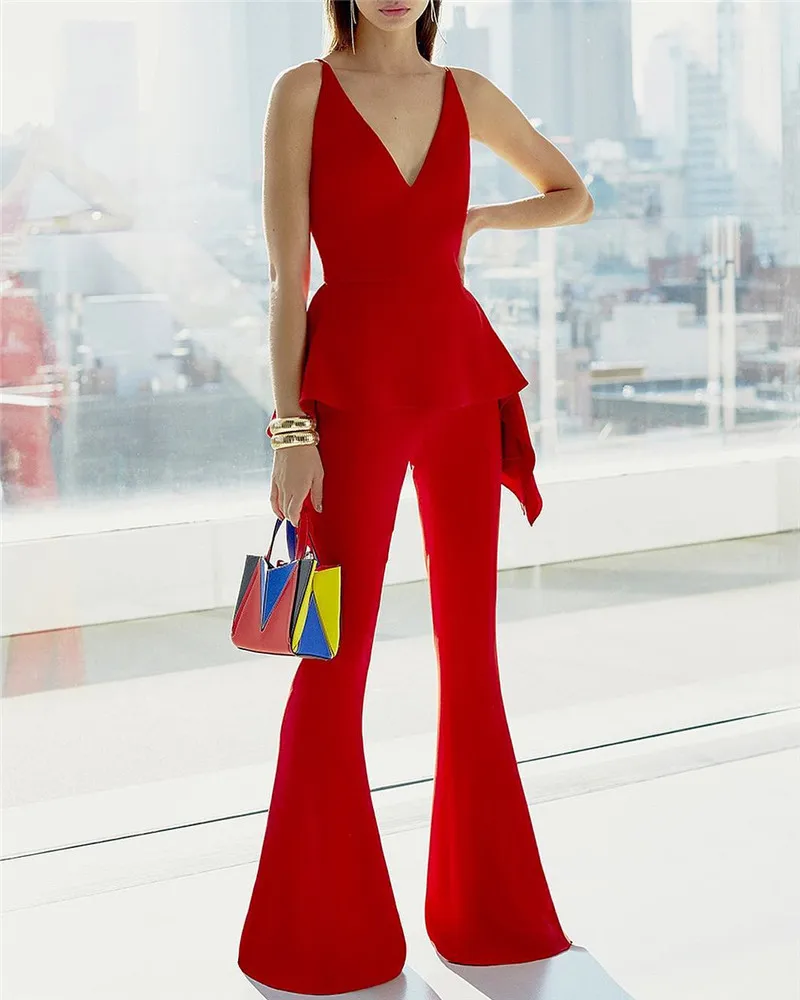 Red Luxury Celebrity Sexy Strap V-Neck Ruffles Falre Fashion Rompers Women's Jumpsuits Night Club Party Jumpsuits