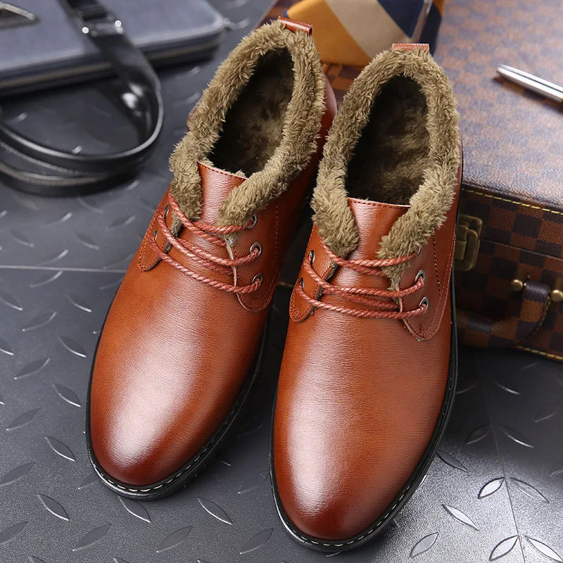 Мужские кожаные туфли на меху черные модельные плоской подошве шнуровке зимние