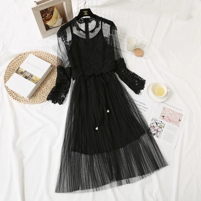Черный Новинка, летние модные весенние женские кружевные платья с цветочным рисунком, Сетчатое платье, Длинные Сексуальные вечерние платья, женская одежда, Vestidos WZ496 - Цвет: Черный