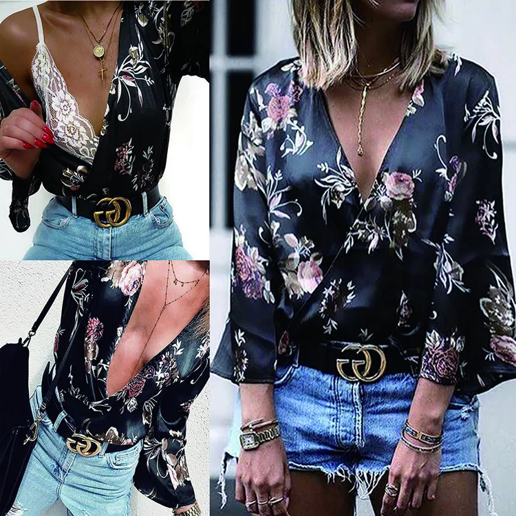 Summer Tops for Women 2018 Fashion Long Sleeve Loose Vintage Floral Print Blouse Ladies sexy clubwear Deep V Neck Casual Shirt |