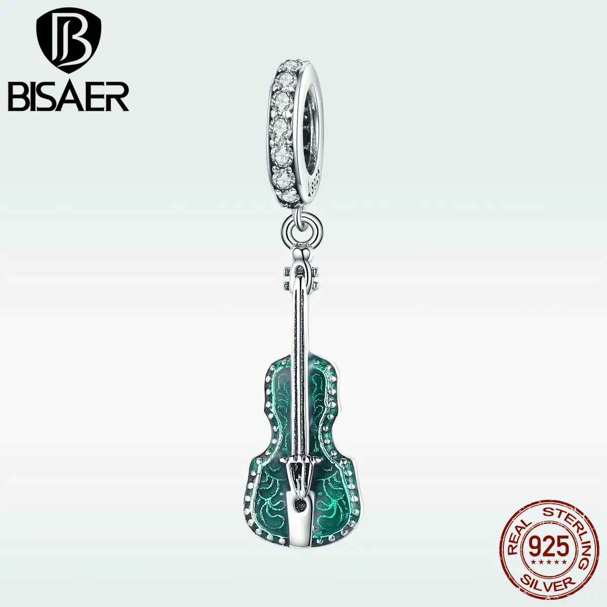 BISAER 925 пробы серебро Музыка Скрипка талисманы зеленый кубический циркон кулон в виде скрипки подходят для женщин Браслеты и ожерелья ювелирные изделия ECC1097