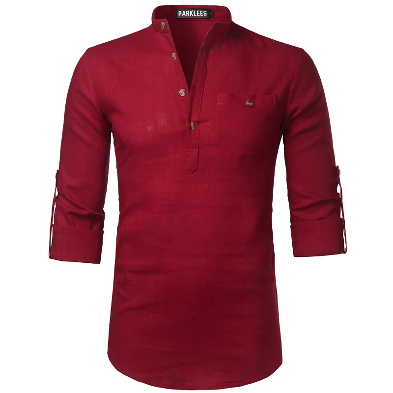 Рубашка Мужская льняная с длинным рукавом красная приталенная|linen shirts men|shirt casual - Фото №1