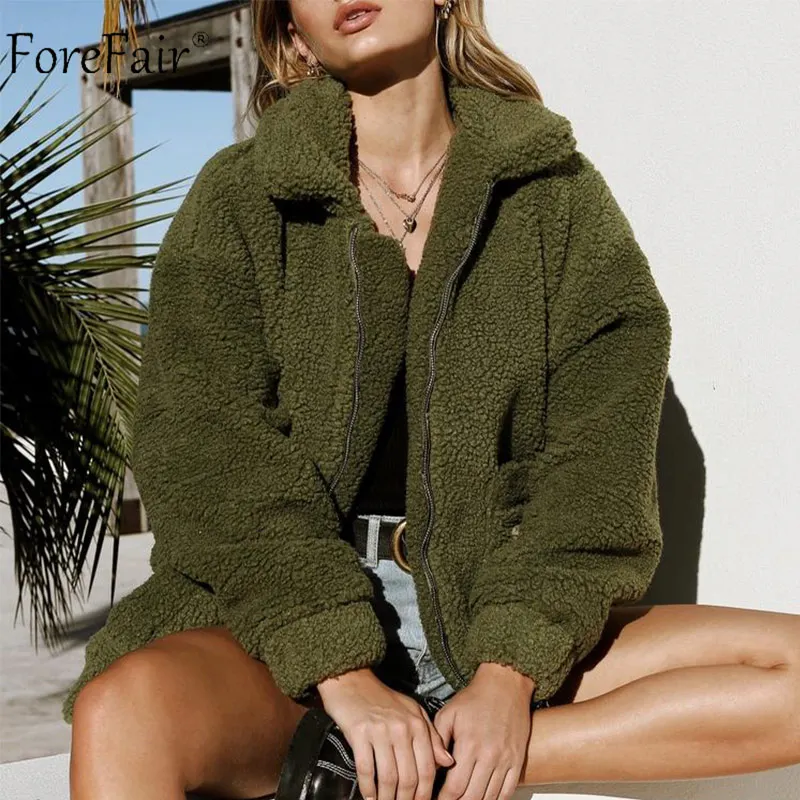 Forefair/зимнее пальто из искусственного меха размера d, Женская куртка с натуральным мехом плюшевого мишки, повседневное пальто свободного размера плюс с карманами и отворотами - Цвет: Green