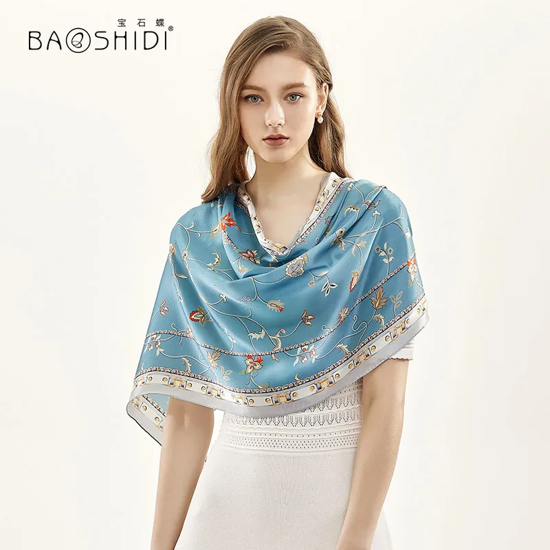 [BAOSHIDI] роскошный бренд шелковый длинный шарф, женская шелковая атласная Модная шаль, женский элегантный мягкий весенний натуральный шелковый шарф