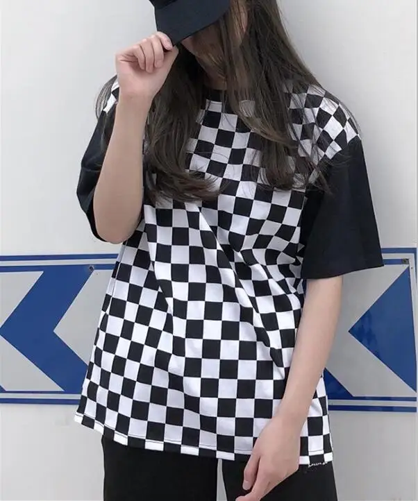 Лето Harajuku лоскутное плед Свободные футболка с короткими рукавами|Футболки| |