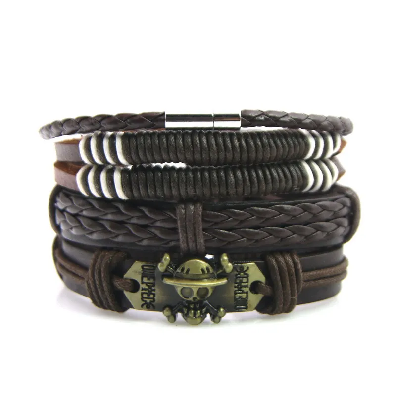 Модные Плетеные Винтажные бусины-манжеты кожаный Череп якорь бесконечность