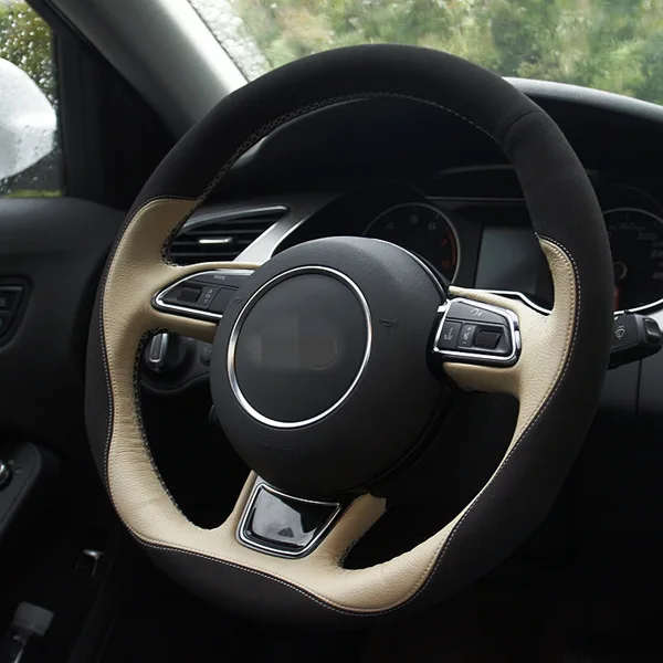 Black Suede Beige Блестящие пшеницы Черный Бежевый кожаный ручная прошивка автомобиля рулевое колесо Крышка для Audi A1 A3 A5 A7 - Название цвета: Black Suede Beige