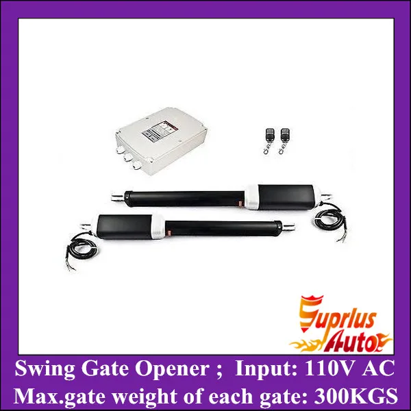 

300KGS Max weight of each gate lift capacity, 110V AC input swing gate opener with two motors, one control box and two remotes