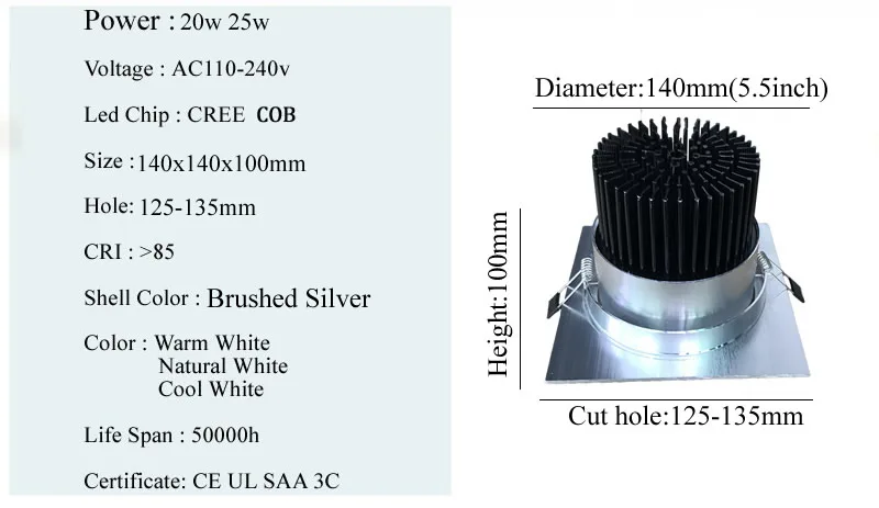 Brushed Silver Shell 5.5inch - 140mm Hot sale 20w 25w Cob Led Downlights Warm White 3000K Nature 4000K Cool 6000K CE | Лампы и
