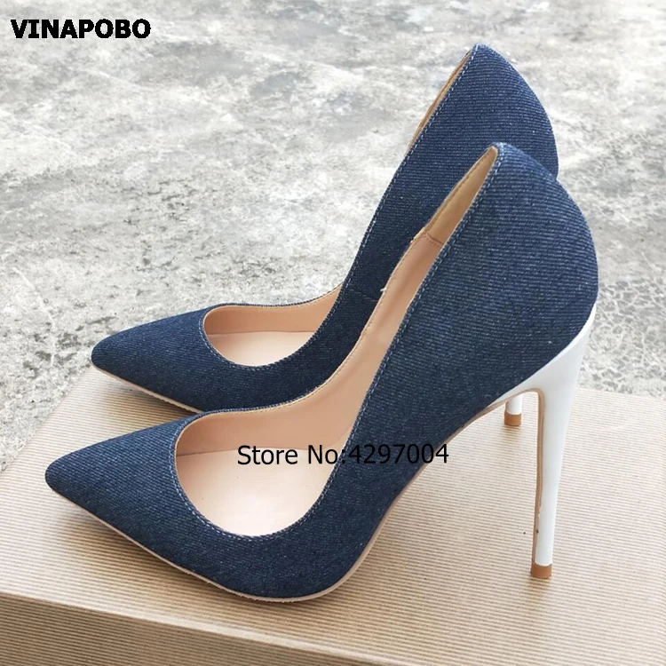 

2019 Newest Denim Blue Shallow High Heel Shoes Sexy Pointed toe Woman Pumps Pink Stiletto Heel Cowboy Party Dress Wedding Shoes