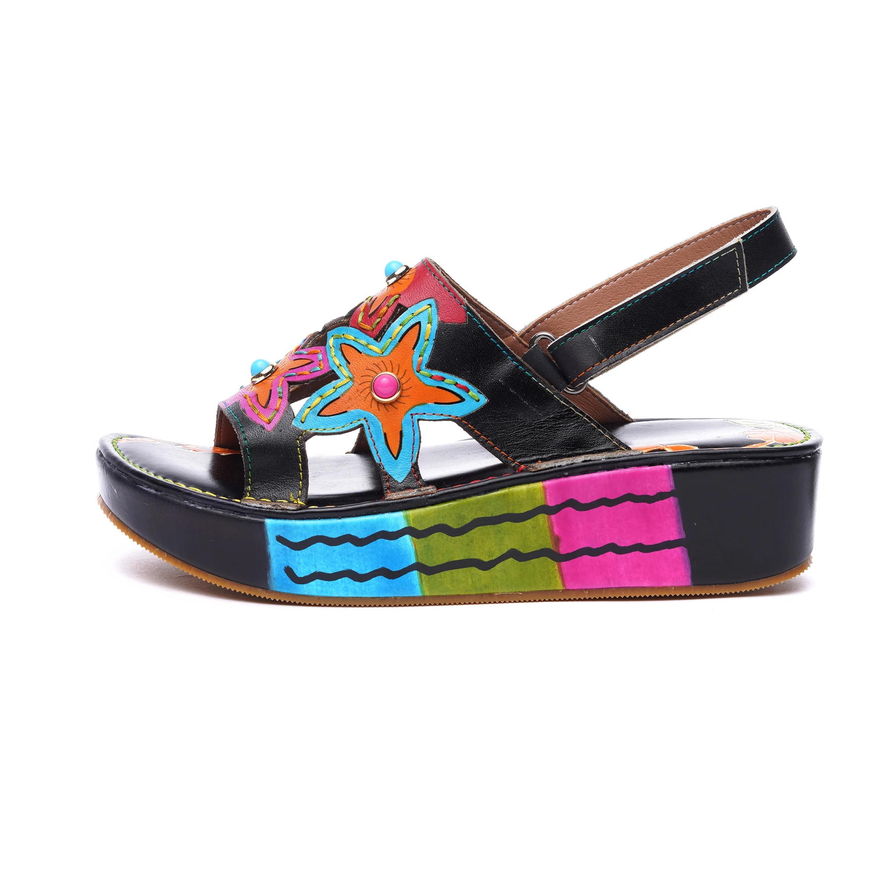 

2019 VALLU Flat Platform Shoes Women Sandals Genuine Leather Open Toes Colorful Flower Lady Slingback Sandals Plus Size