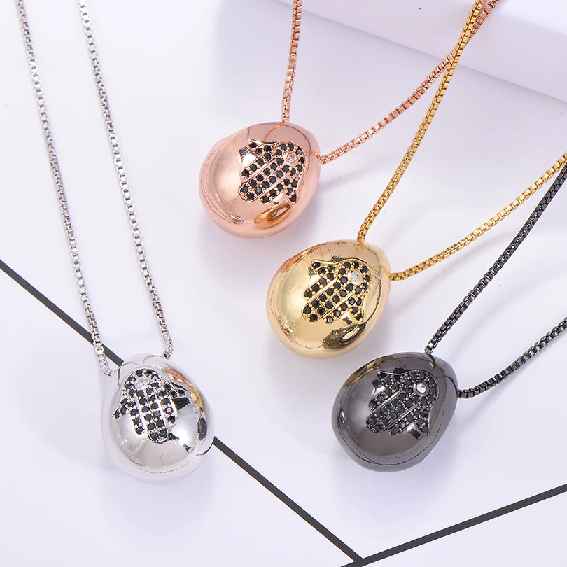 Pipitree Black CZ Zircon Hamsa Hand Pendant Necklace Women Men's Fashion Egg Water Drop Shape Statement Necklaces Jewelry Collar |