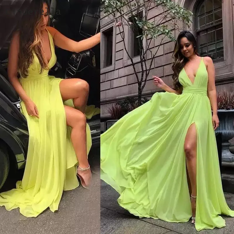 

Cinderella Yellow Deep V-Neck Sleeveless Zipper Back Floor Length Side Slit A-Line Chiffon Prom Dresses Sweep Train Prom Dresses