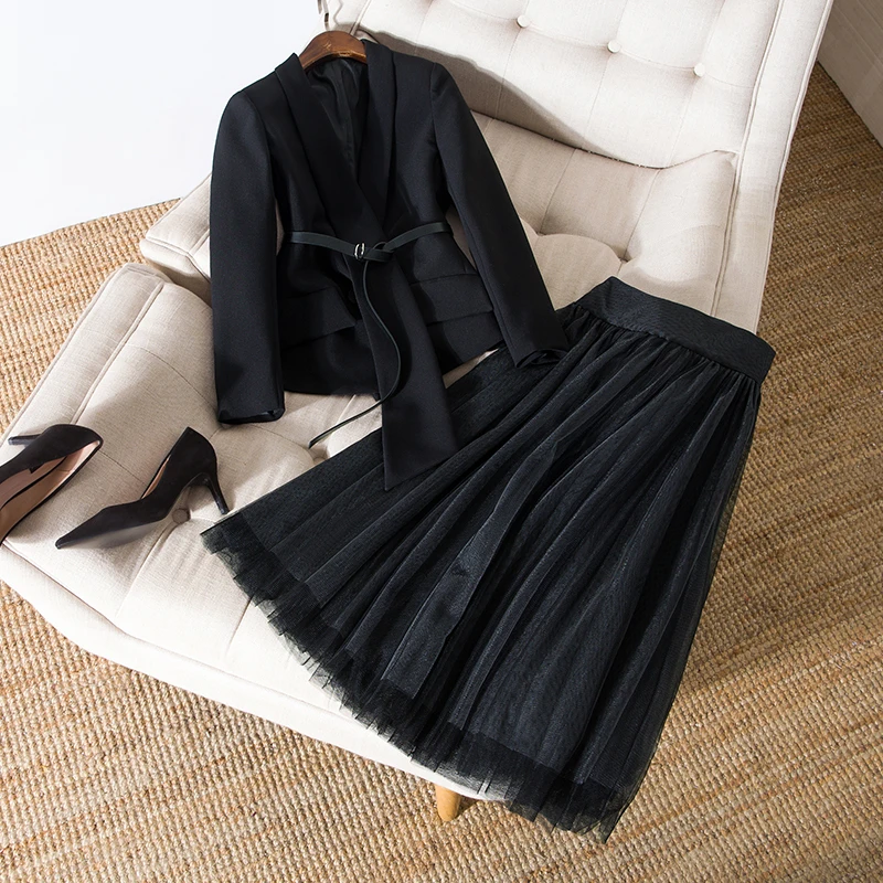 

Women 2020 fashion plus size black irregular asymmetric belt blazer + long pleated mesh TUTU skirt suit two piece set spring